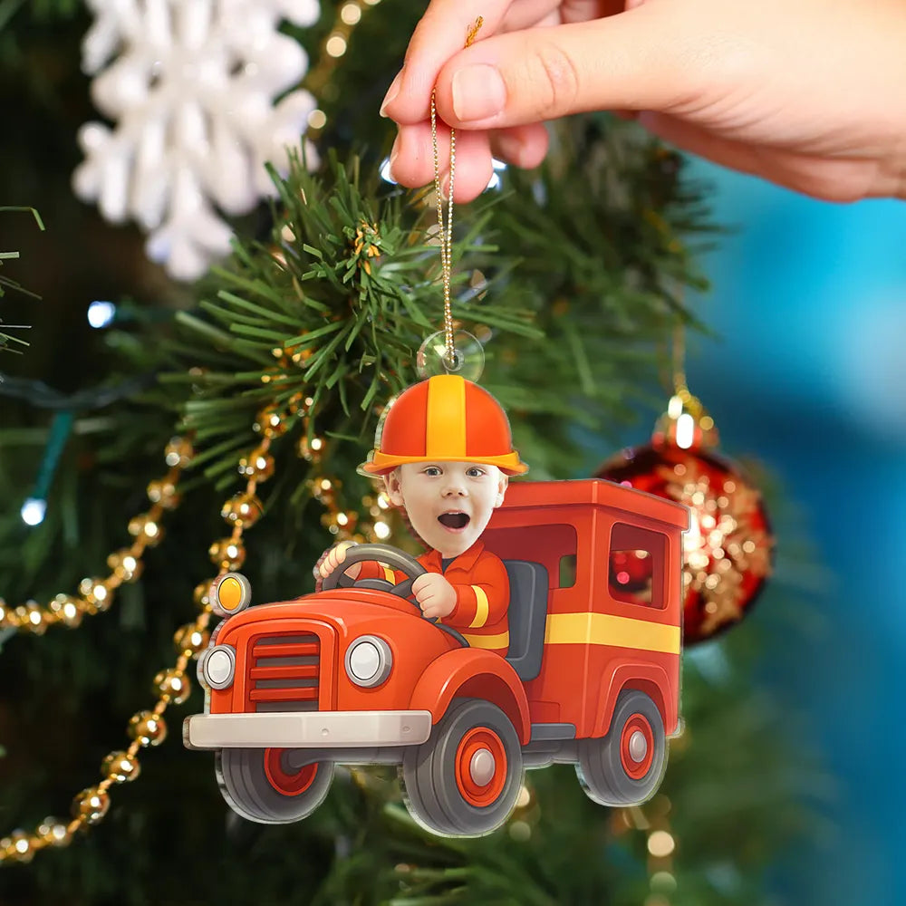 Gift For Kids, Gift For Grandkids, Photo Hobby Ornament, Custom Photo, Funny, Cristmas - Custom Photo Kid Riding Fire Truck - Personalized Acrylic Photo Ornament
