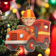 Gift For Kids, Gift For Grandkids, Photo Hobby Ornament, Custom Photo, Funny, Cristmas - Custom Photo Kid Riding Fire Truck - Personalized Acrylic Photo Ornament