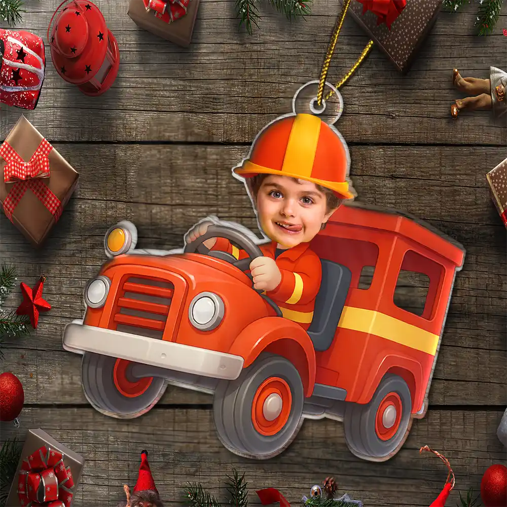 Gift For Kids, Gift For Grandkids, Photo Hobby Ornament, Custom Photo, Funny, Cristmas - Custom Photo Kid Riding Fire Truck - Personalized Acrylic Photo Ornament