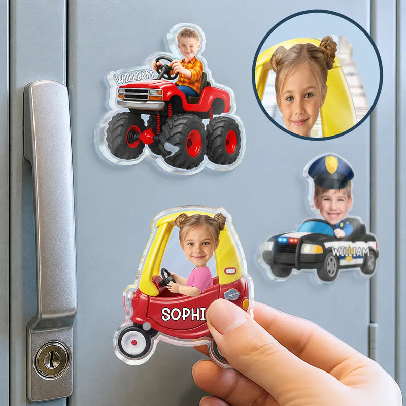 Adorable,Back To School,Custom Photo,Gift For Kids,Cut-Face Photo - Custom Photo Kid Riding Truck Car - Personalized Acrylic Magnet