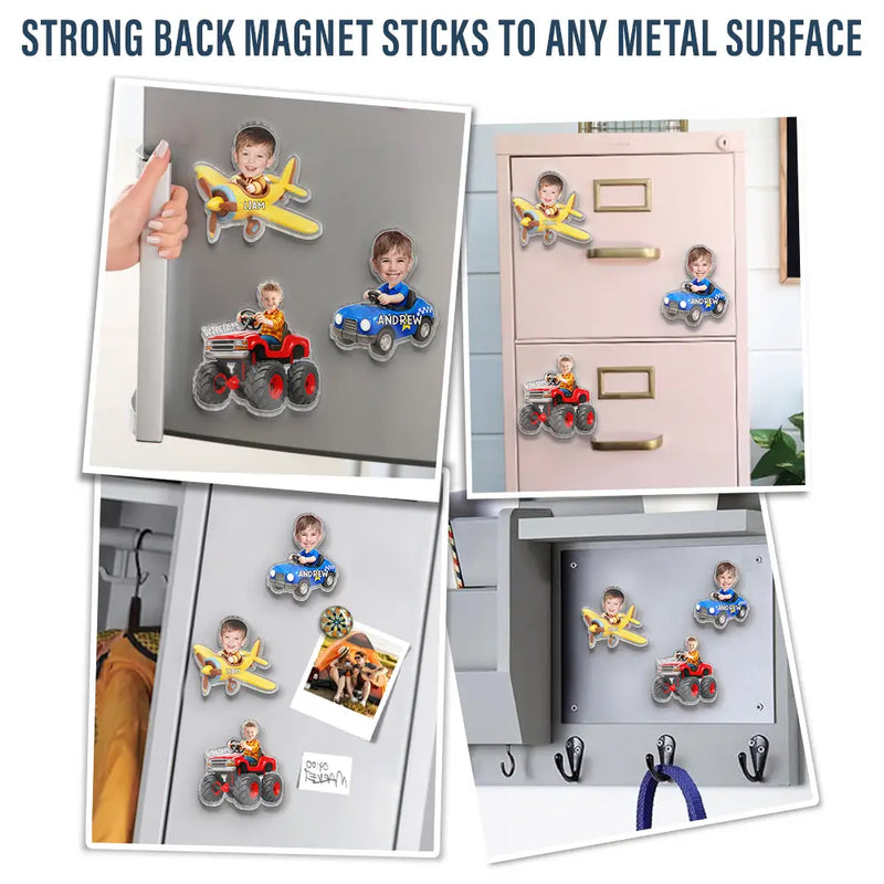 Adorable,Back To School,Custom Photo,Gift For Kids,Cut-Face Photo - Custom Photo Kid Riding Truck Car - Personalized Acrylic Magnet