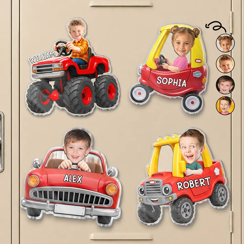 Adorable,Back To School,Custom Photo,Gift For Kids,Cut-Face Photo - Custom Photo Kid Riding Truck Car - Personalized Acrylic Magnet