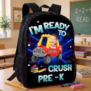 Adorable,Back To School,Custom Photo,Gift For Kids,Cut-Face Photo - Custom Photo Kid Riding Truck Car Ready To Crush Kindergarten - Personalized Kids Backpack