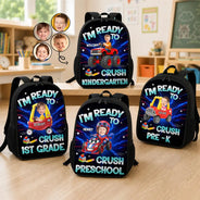 Adorable,Back To School,Custom Photo,Gift For Kids,Cut-Face Photo - Custom Photo Kid Riding Truck Car Ready To Crush Kindergarten - Personalized Kids Backpack