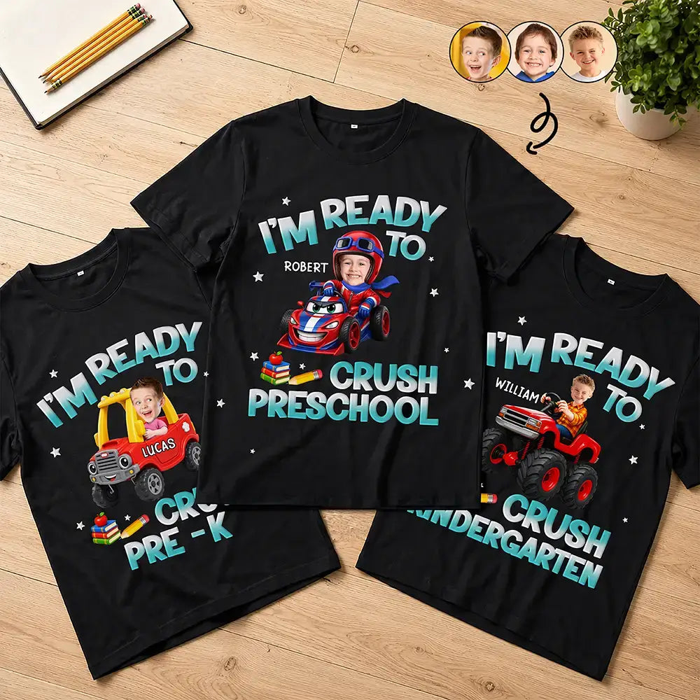 Top Market,Adorable,Back To School,Custom Photo,Gift For Kids,Cut-Face Photo - Custom Photo Kid Riding Truck Car Ready To Crush Kindergarten - Personalized T Shirt