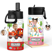 Gift For Kids,Gift For Grandkids,Back To School,Happy,Custom Photo - Custom Photo Kid Toy Car - Personalized Kids Water Bottle