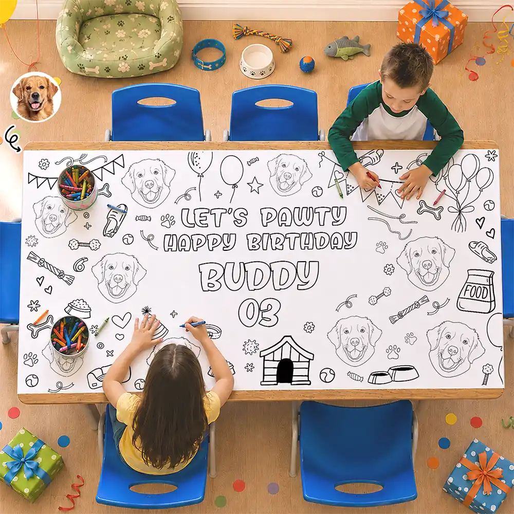 Custom Photo Let's Pawty Dog Cat Birthday Outline Sketch - Personalized Coloring Tablecloth