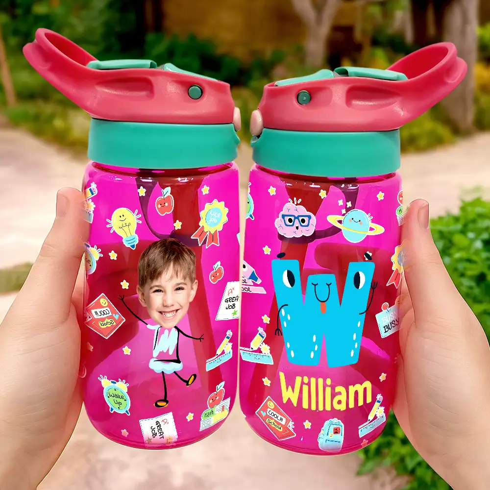 Gift For Kids, Gift For Grandkids, Back To School, Happy - Custom Photo Letter School Kid - Personalized Kids Water Bottle With Straw