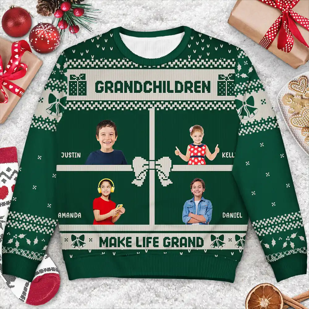 Christmas,Gift For Grandparents,Grandpa - Grandkids,Grandma - Grandkids - Custom Photo Life Is Grand With My Grandkids - Personalized Unisex Ugly Sweater