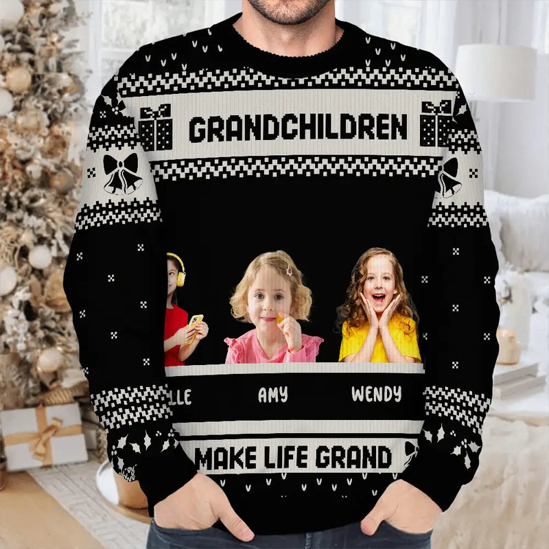Christmas,Gift For Grandparents,Grandpa - Grandkids,Grandma - Grandkids - Custom Photo Life Is Grand With My Grandkids - Personalized Unisex Ugly Sweater