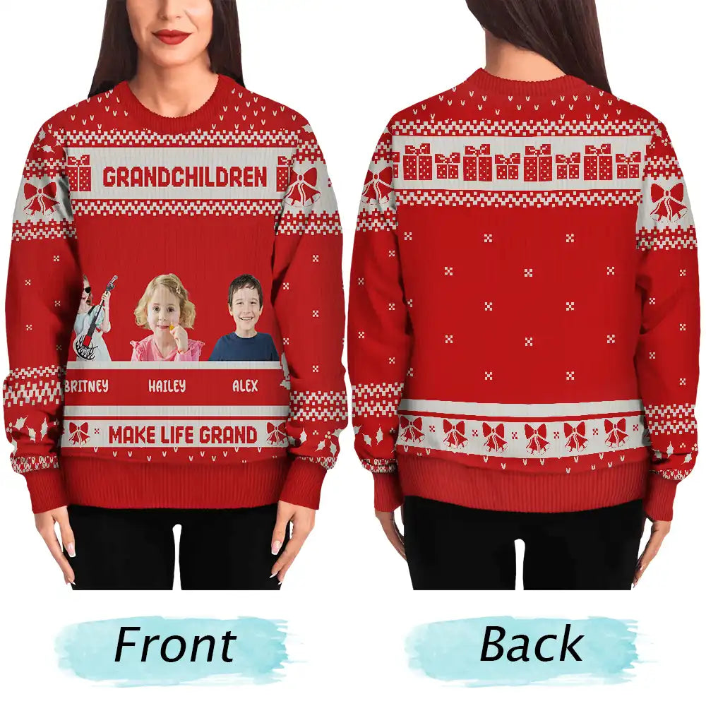 Christmas,Gift For Grandparents,Grandpa - Grandkids,Grandma - Grandkids - Custom Photo Life Is Grand With My Grandkids - Personalized Unisex Ugly Sweater