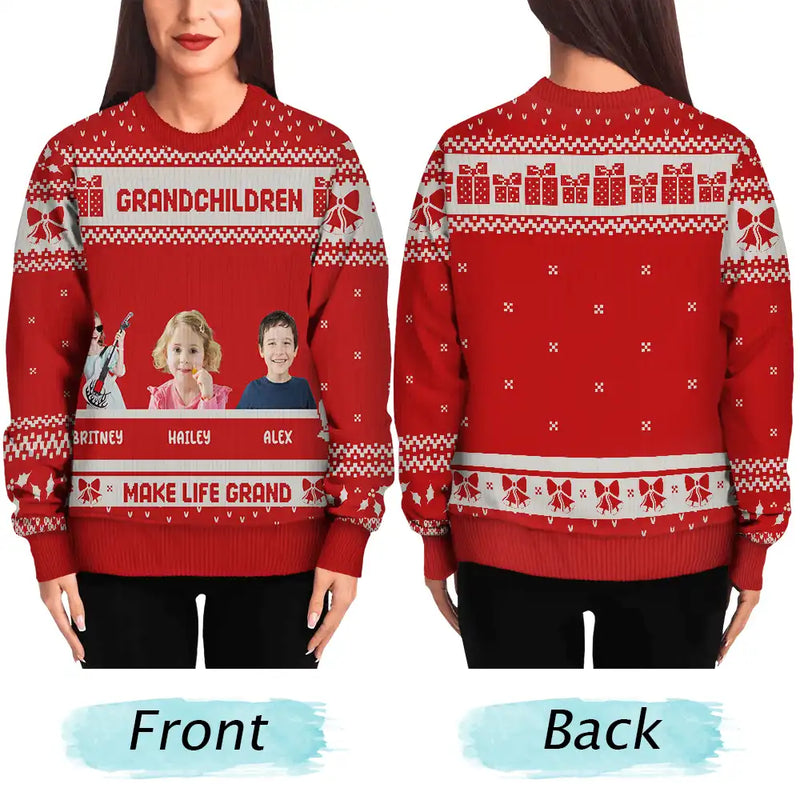 Christmas,Gift For Grandparents,Grandpa - Grandkids,Grandma - Grandkids - Custom Photo Life Is Grand With My Grandkids - Personalized Unisex Ugly Sweater