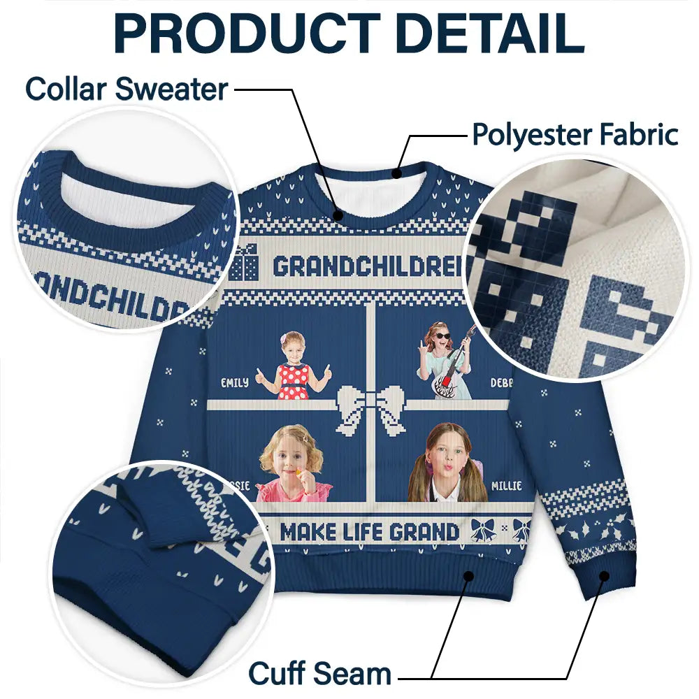 Christmas,Gift For Grandparents,Grandpa - Grandkids,Grandma - Grandkids - Custom Photo Life Is Grand With My Grandkids - Personalized Unisex Ugly Sweater