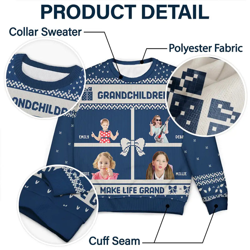 Christmas,Gift For Grandparents,Grandpa - Grandkids,Grandma - Grandkids - Custom Photo Life Is Grand With My Grandkids - Personalized Unisex Ugly Sweater