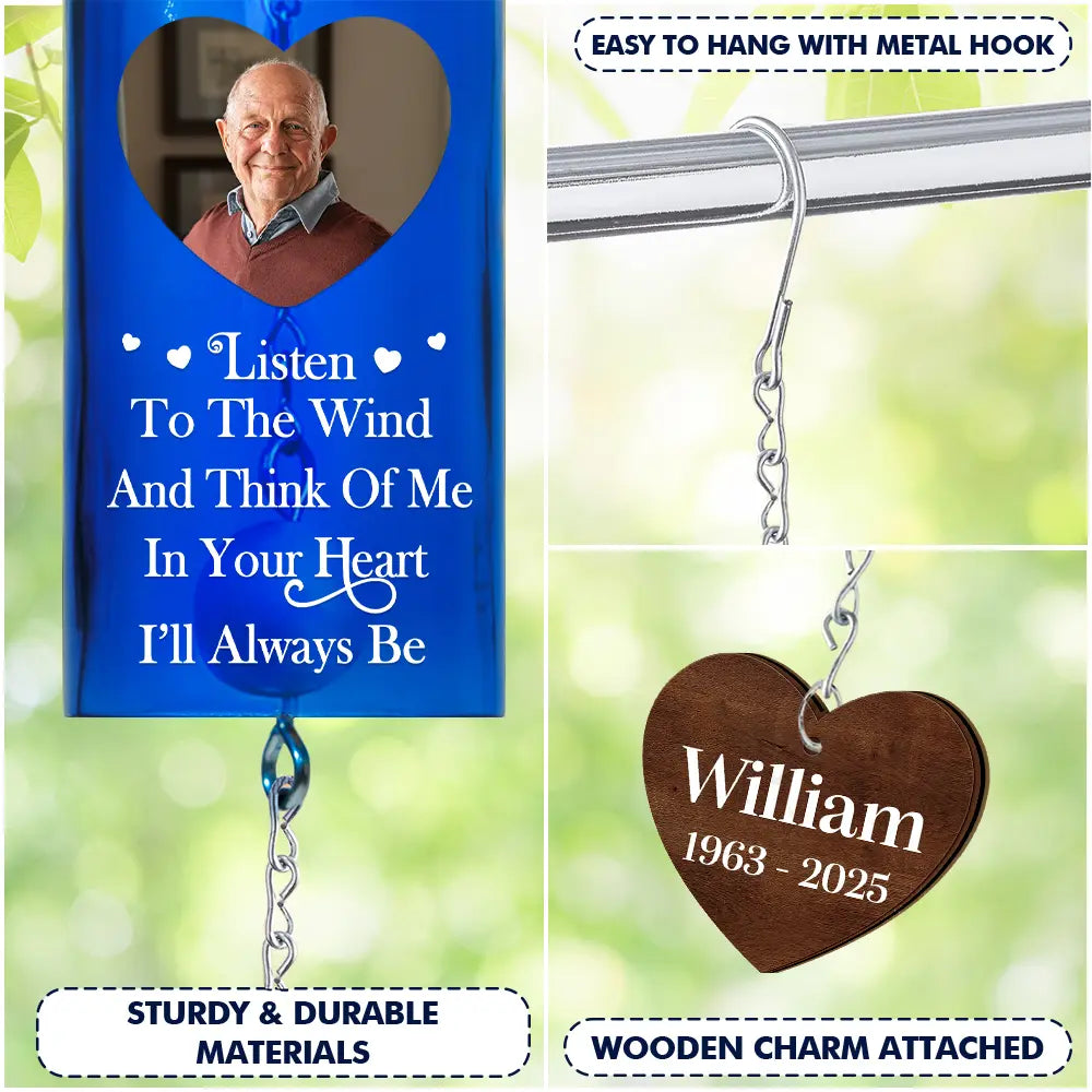 Pet Lovers, Cat Lovers, Dog Lovers, Sad, Memorial, Family - Custom Photo Listen To The Wind And Think Of Me Memorial - Personalized Wine Bottle Wind Chime