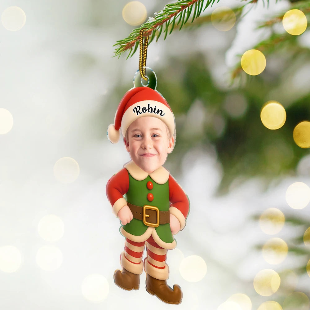 Gift For Kids, Gift For Grandkids, Christmas, Top Market, Happy - Custom Photo Little Elf Kids - Personalized Custom Shaped Acrylic Ornament
