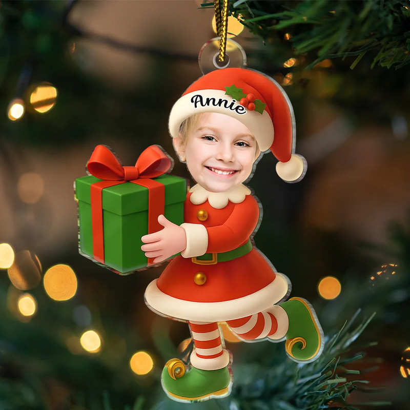 Gift For Kids, Gift For Grandkids, Christmas, Top Market, Happy - Custom Photo Little Elf Kids - Personalized Custom Shaped Acrylic Ornament