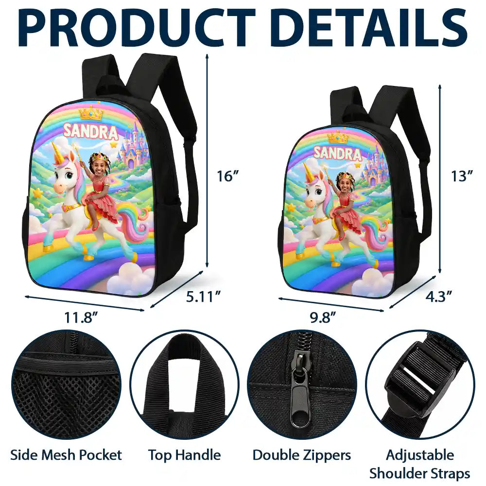 Adorable,Back To School,Custom Photo,Gift For Kids,Cut-Face Photo - Custom Photo Little Girl Princess Unicorn - Personalized Kids Backpack