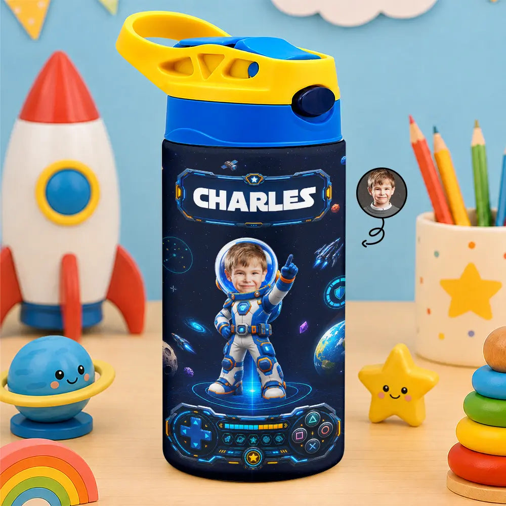 Custom Photo Little Space Explorer - Personalized Insulated Water Bottle With Straw
