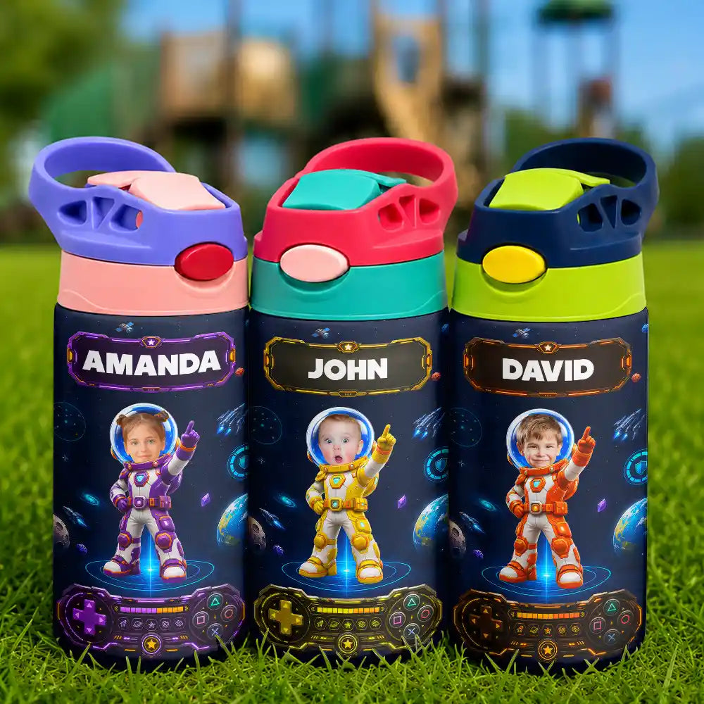 Adorable,Back To School,Custom Photo,Gift For Kids,Cut-Face Photo - Custom Photo Little Space Explorer - Personalized Insulated Water Bottle With Straw