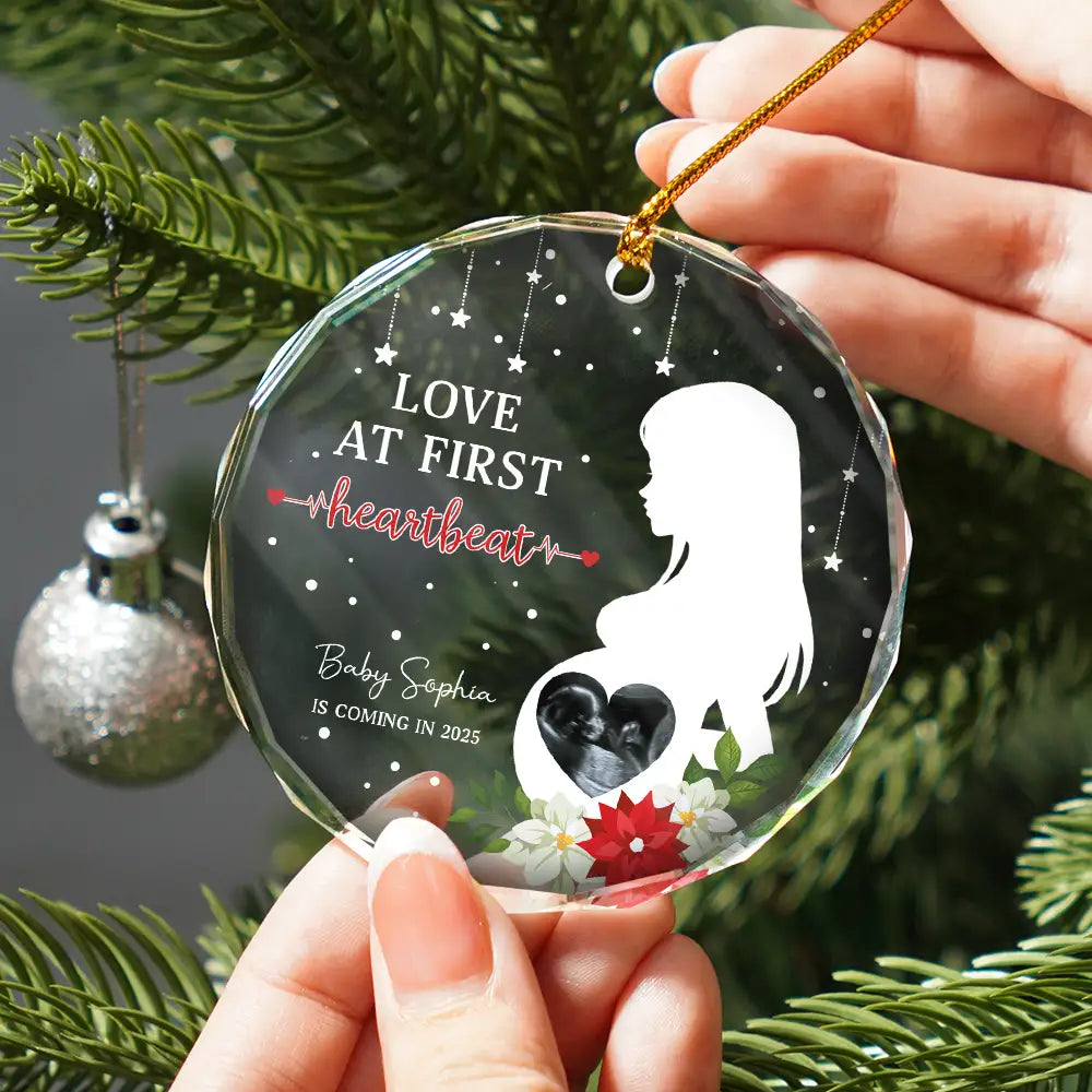 New baby,New Mom,New Dad,Happy,Christmas - Custom Photo Love At First Hearbeat - Personalized Circle Glass Ornament