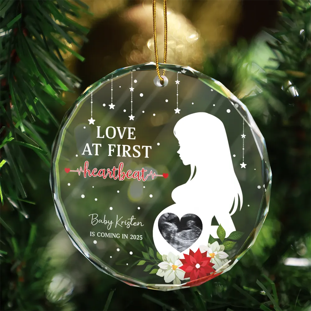 New baby,New Mom,New Dad,Happy,Christmas - Custom Photo Love At First Hearbeat - Personalized Circle Glass Ornament