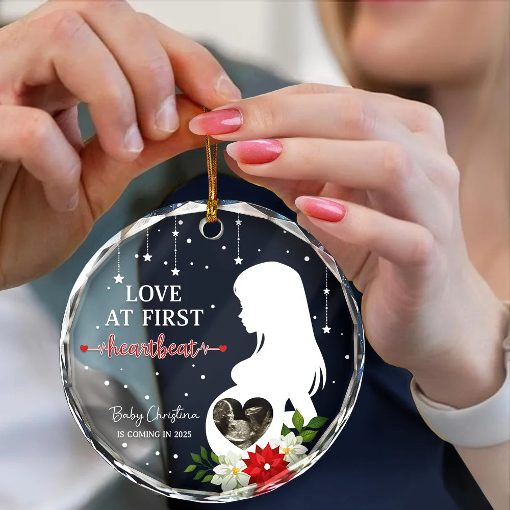 New baby,New Mom,New Dad,Happy,Christmas - Custom Photo Love At First Hearbeat - Personalized Circle Glass Ornament