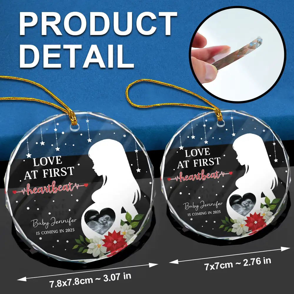 New baby,New Mom,New Dad,Happy,Christmas - Custom Photo Love At First Hearbeat - Personalized Circle Glass Ornament