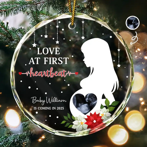 New baby,New Mom,New Dad,Happy,Christmas - Custom Photo Love At First Hearbeat - Personalized Circle Glass Ornament