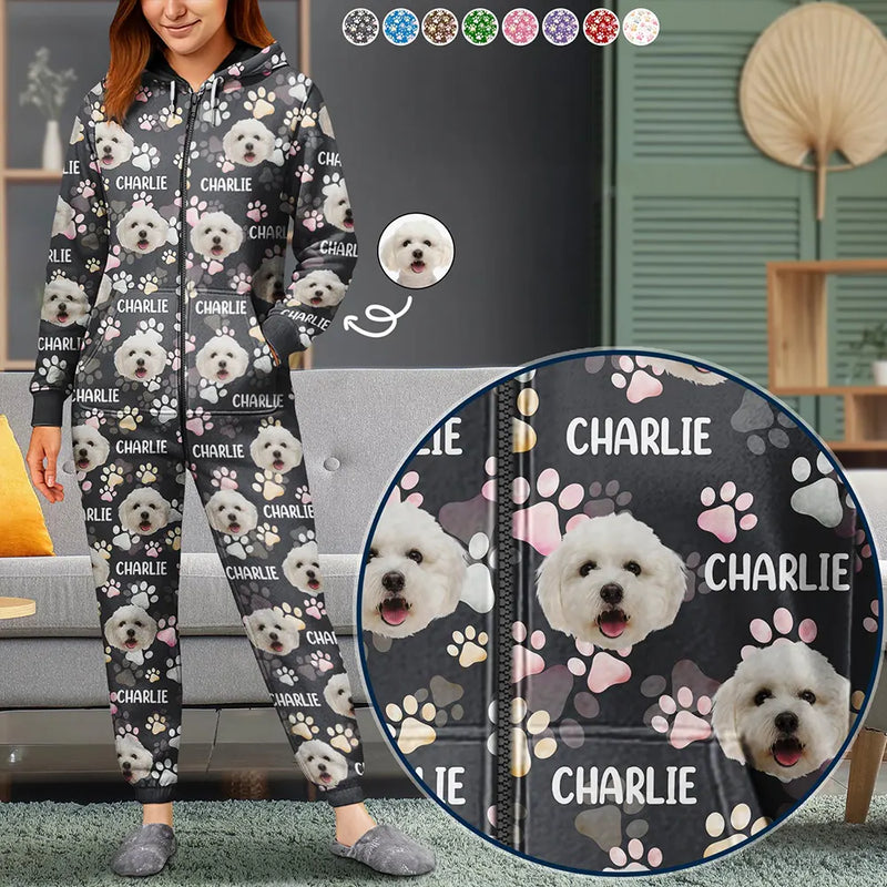 Cat Lovers, Pet Lovers, Dog Lovers, Dog Mom, Dog Dad, Cat Mom, Cat Dad, Happy - Custom Photo Lovely Pet Face Pattern Dog Cat Family - Personalized Overall Onesie Hooded Jumpsuit