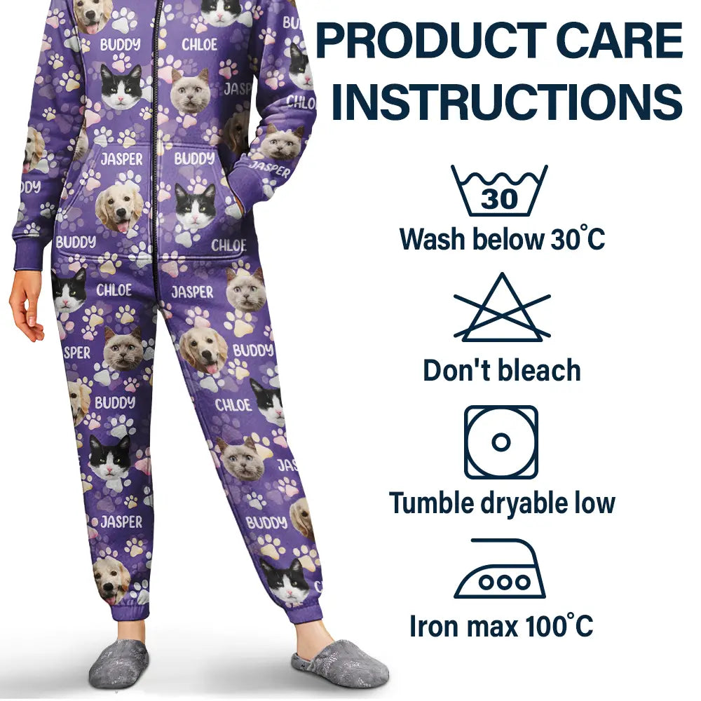 Cat Lovers, Pet Lovers, Dog Lovers, Dog Mom, Dog Dad, Cat Mom, Cat Dad, Happy - Custom Photo Lovely Pet Face Pattern Dog Cat Family - Personalized Overall Onesie Hooded Jumpsuit