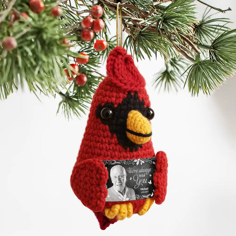 Family,Memorial,Sad,Christmas - Custom Photo Memorial Although You Cannot See Me - Personalized Crochet Cardinal Bird Hanging Decoration
