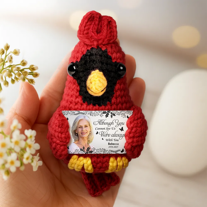 Family,Memorial,Sad,Christmas - Custom Photo Memorial Although You Cannot See Me - Personalized Crochet Cardinal Bird Hanging Decoration