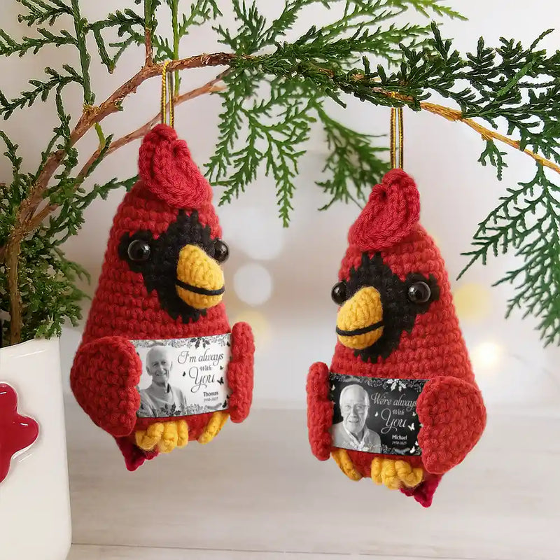 Family,Memorial,Sad,Christmas - Custom Photo Memorial Although You Cannot See Me - Personalized Crochet Cardinal Bird Hanging Decoration