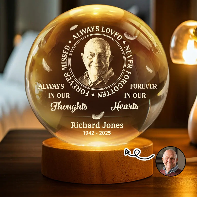 Sad, Memorial, Custom Photo - Custom Photo Memorial Always Loved Never Forgotten - Personalized Crystal Globe Lamp
