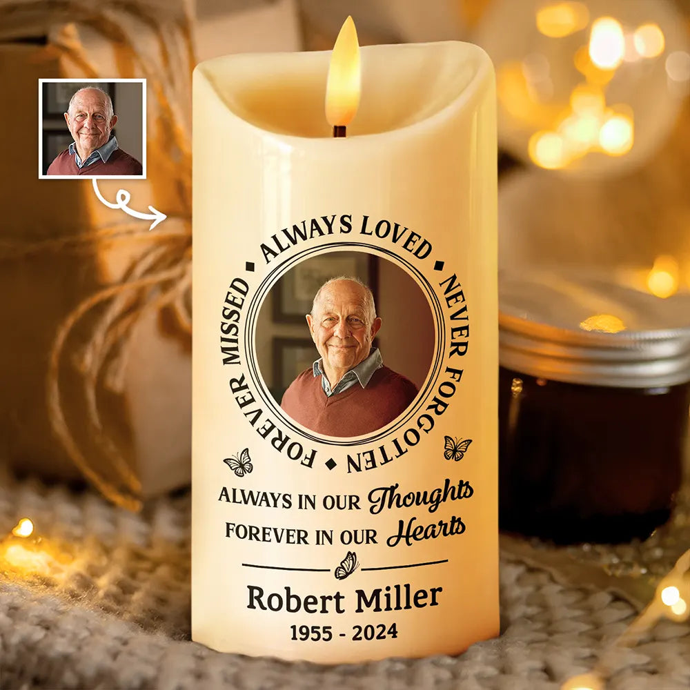 Christmas,Memorial,Custom Photo,Family,Sad - Custom Photo Memorial Always Loved Never Forgotten - Personalized Flameless LED Candle