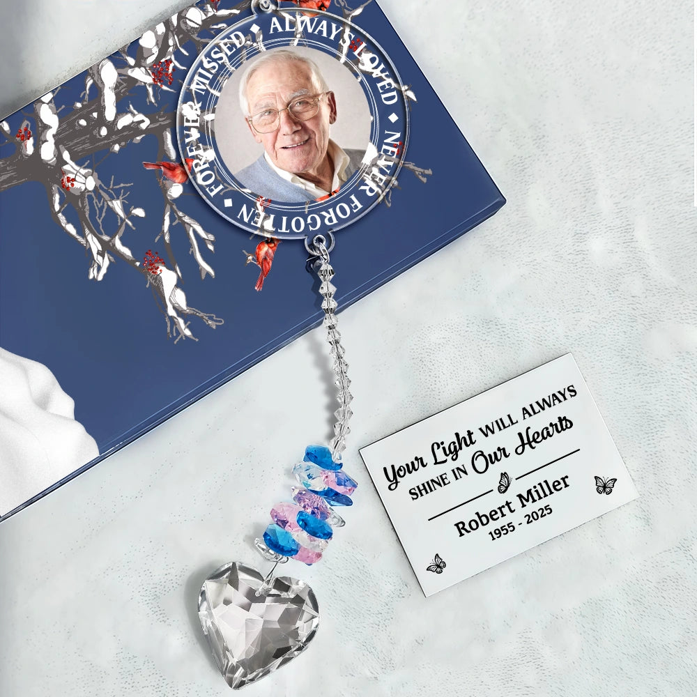 Custom Photo Memorial Always Loved Never Forgotten - Personalized Heart Crystal Suncatcher