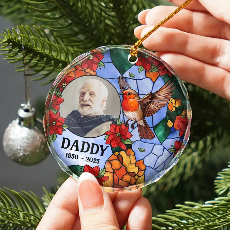 Sad, Memorial, Family, Parents, Gift For Grandparents, Gift For Sibling - Custom Photo Memorial Bird Family Dad Mom - Personalized Circle Glass Ornament