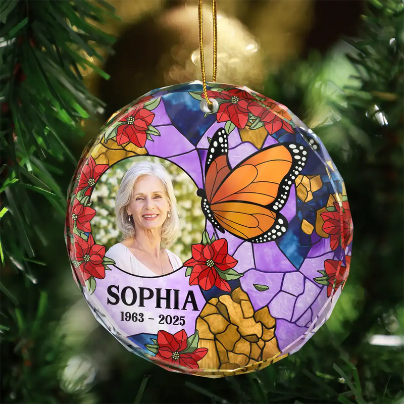 Sad, Memorial, Family, Parents, Gift For Grandparents, Gift For Sibling - Custom Photo Memorial Bird Family Dad Mom - Personalized Circle Glass Ornament