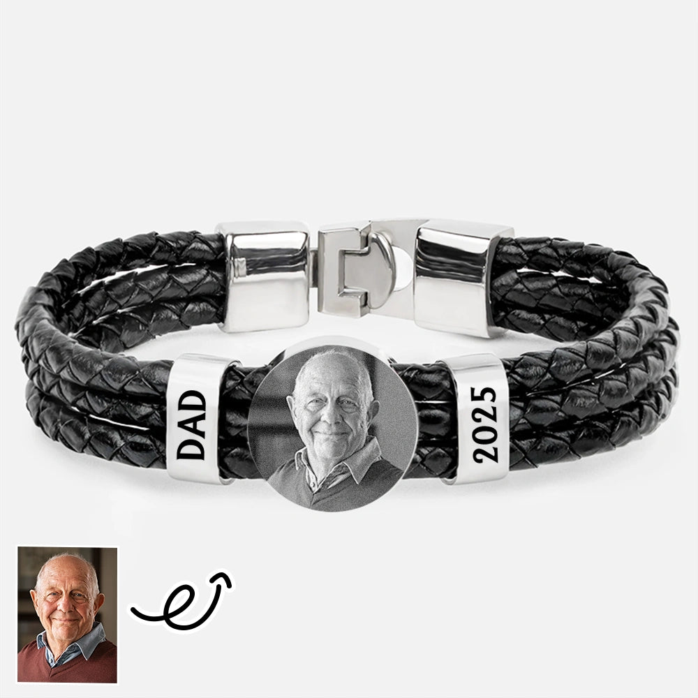 Sad, Memorial, Gift For Father, Gift For Yourself, Parents, Gift For Mother, Gift For Grandparents, Gift For Sibling - Custom Photo Memorial Dad Mom Family - Personalized Leather Braided Bracelet