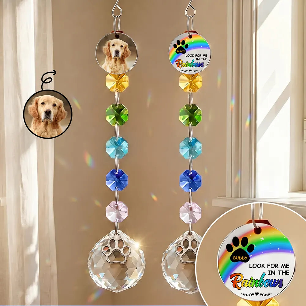 Christmas,Custom Photo,Sympathetic,Pet Lovers,Memorial,Upload Full Photo - Custom Photo Memorial Dog Cat Look For Me In The Rainbows - Personalized Crystal Suncatcher With Charm