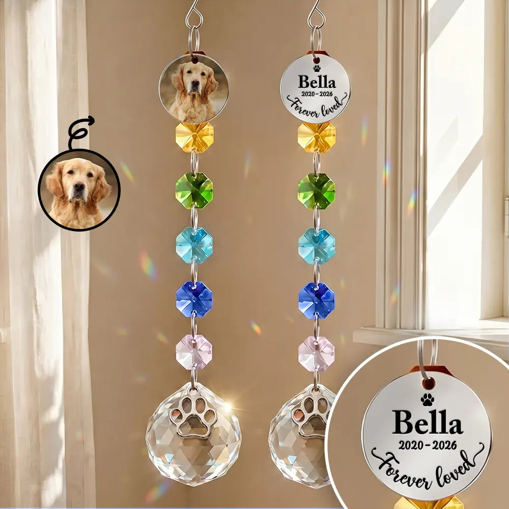 Custom Photo Memorial Dog Cat Pet Forever Loved - Personalized Crystal Suncatcher With Charm