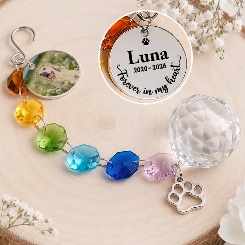 Christmas,Custom Photo,Sympathetic,Pet Lovers,Memorial,Upload Full Photo - Custom Photo Memorial Dog Cat Pet Forever Loved - Personalized Crystal Suncatcher With Charm