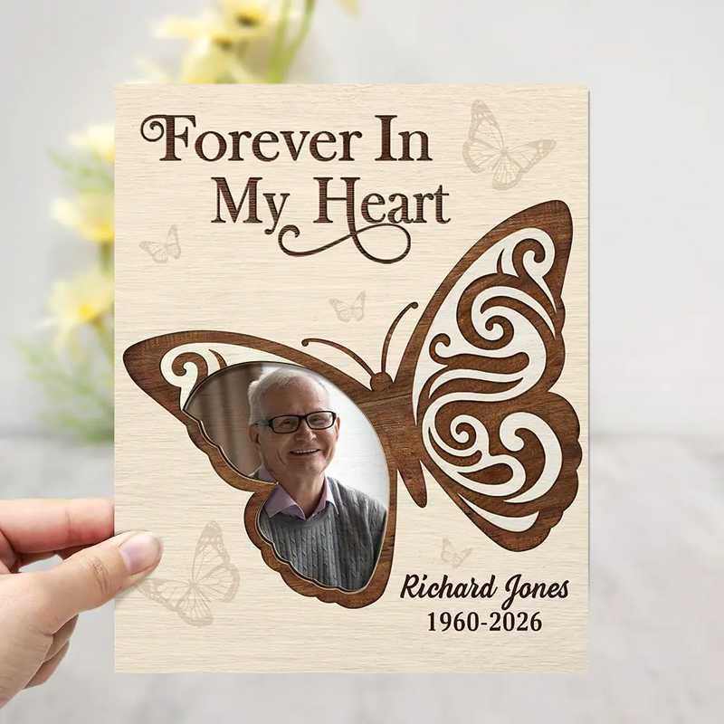 Memorial,Family,Custom Photo,Love - Custom Photo Memorial Forever In My Heart Mother Father - Personalized 2-Layered Wooden Plaque With Stand