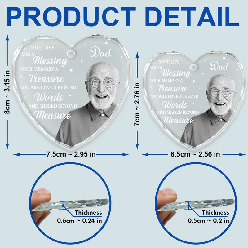 Christmas, Custom Photo, Memorial, Family, Sad - Custom Photo Memorial Grayscale Your Life Was A Blessing - Personalized Heart Shaped Glass Ornament
