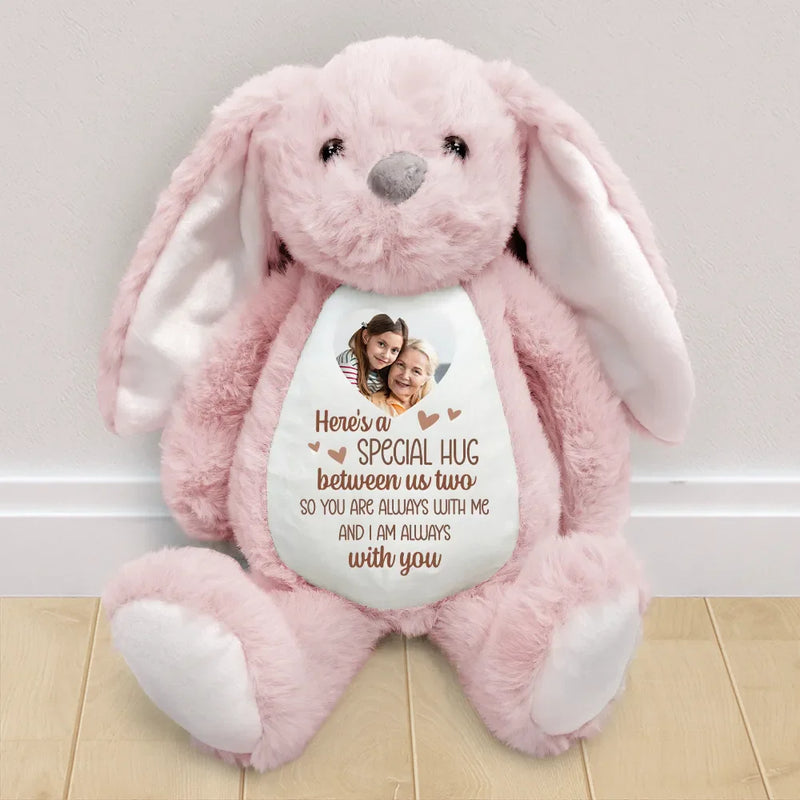 Memorial,Family,Gift For Grandparents,Parents - Custom Photo Memorial Here's A Special Hug - Personalized Soft Toy Bunny