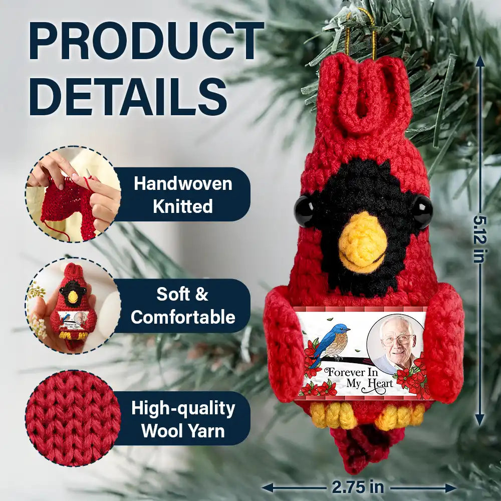 Family, Memorial, Sad, Christmas - Custom Photo Memorial I'm Always With You - Personalized Crochet Cardinal Bird Hanging Decoration