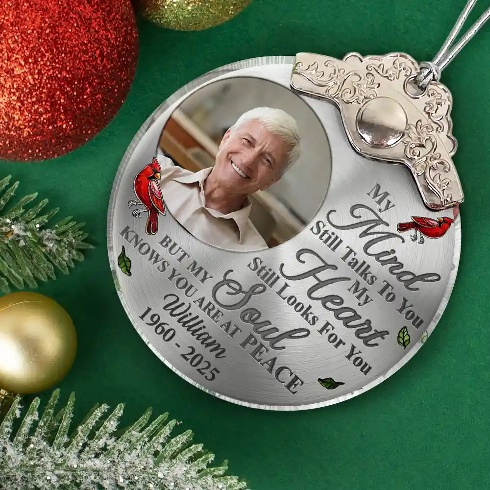 Sad,Memorial,Family,Parents,Gift For Grandparents,Christmas - Custom Photo Memorial My Mind Still Talks To You - Personalized Glass Ornament With Silver Cap