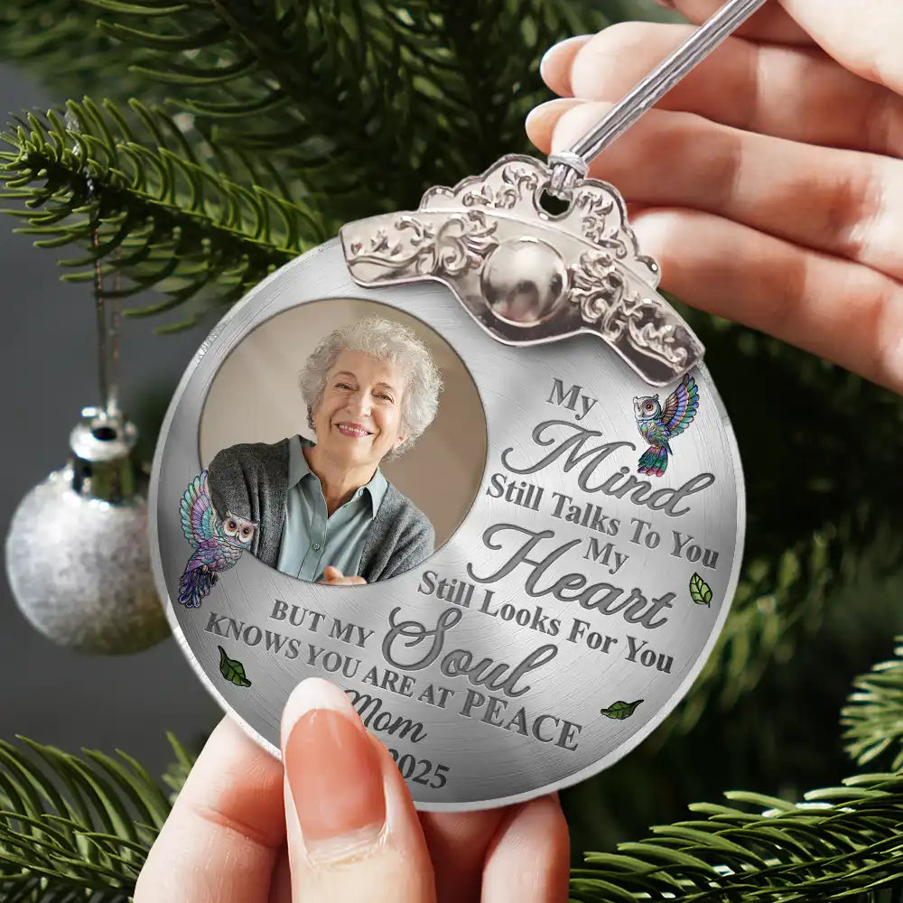 Sad,Memorial,Family,Parents,Gift For Grandparents,Christmas - Custom Photo Memorial My Mind Still Talks To You - Personalized Glass Ornament With Silver Cap