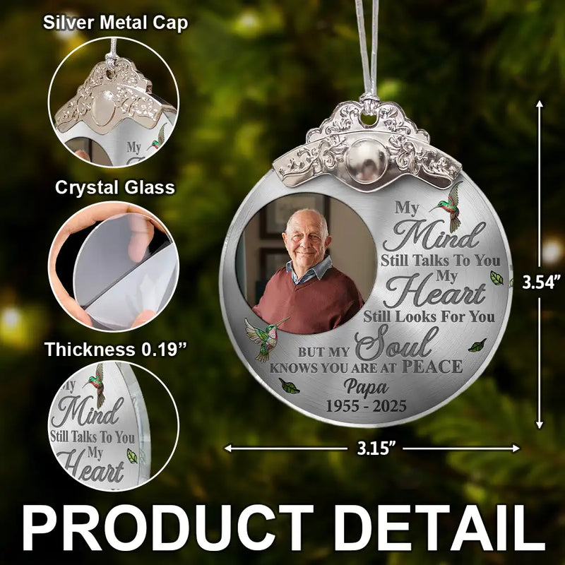 Sad,Memorial,Family,Parents,Gift For Grandparents,Christmas - Custom Photo Memorial My Mind Still Talks To You - Personalized Glass Ornament With Silver Cap